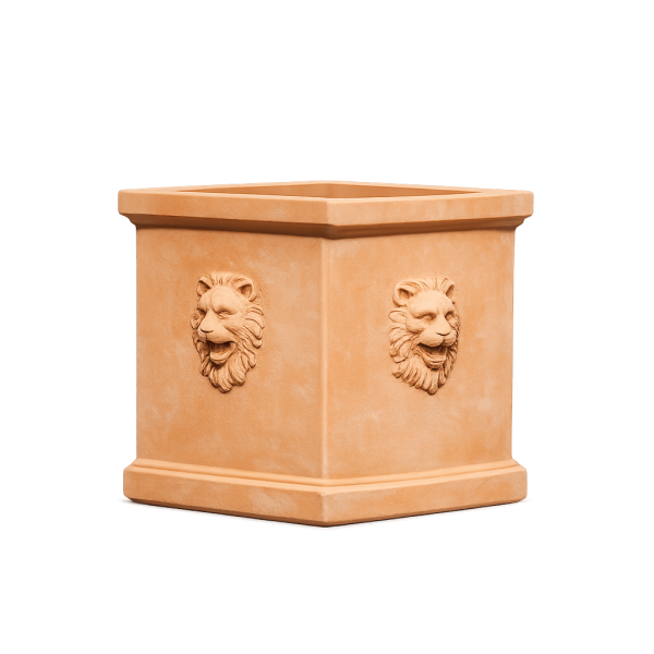 Quadratischer Blumenkasten aus Impruneta-Terracotta mit Löwenkopf